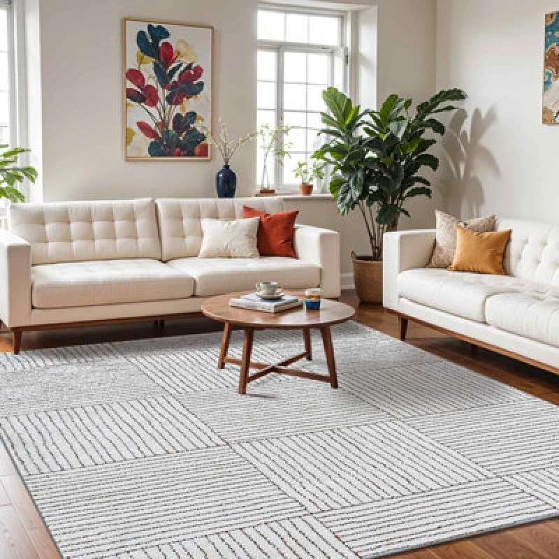 Image of Galey Alix X Livabliss Modern Scandi High Pile Ivory/dark Brown Architect Ii Rug 160 X 213cm - Easy Care, Ideal For Living Room