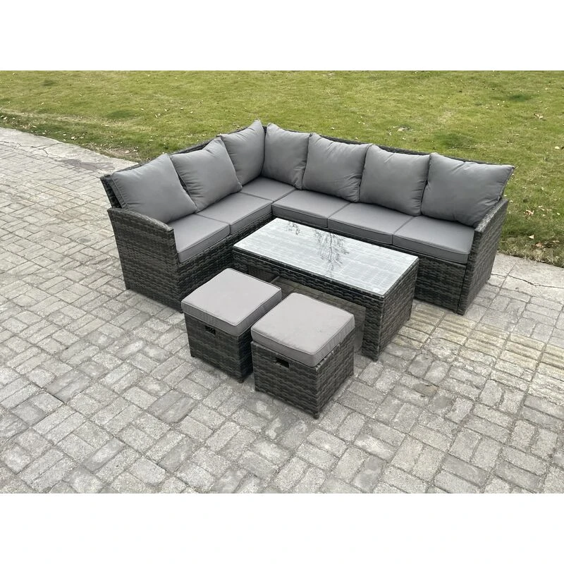 Image of Fimous 8 Seater Outdoor Rattan Garden Furniture Set Corner Sofa Oblong Coffee Table Sets with Patio 2 Small Footstools Dark Grey Mixed Dark Grey