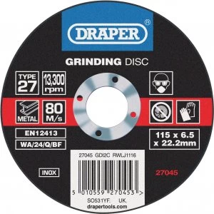 Image of Draper Inox Stainless Steel Grinding Disc 115mm 6.5mm 22mm
