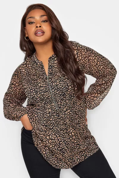 Image of Yours Leopard Print Zip Front Top Brown