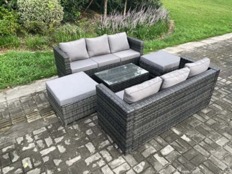 Image of Fimous Rattan Garden Furniture Set Indoor Outdoor Patio Sofa Set with Oblong Coffee Table 2 Big Footstool 8 Seater Dark Grey Dark Grey