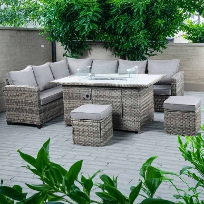 Image of Outdoor Living The Conwy 8 Seat Corner Gas Firepit Rattan Dining Set - Mixed Grey in Dark Grey Dark Grey Unisex