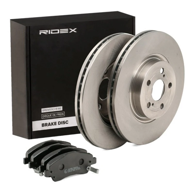 Image of RIDEX 3405B1434 Brake disc and pads set Front Axle, Brake Disc Type: internally vented, with acoustic wear warning Brake Set,disc brakes (3405)