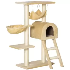 Image of PawHut Cat Tree Tower Kitten Activity Centre Scratching Post w/ Hammock Condo Bed Basket Ladder 98 cm, Beige