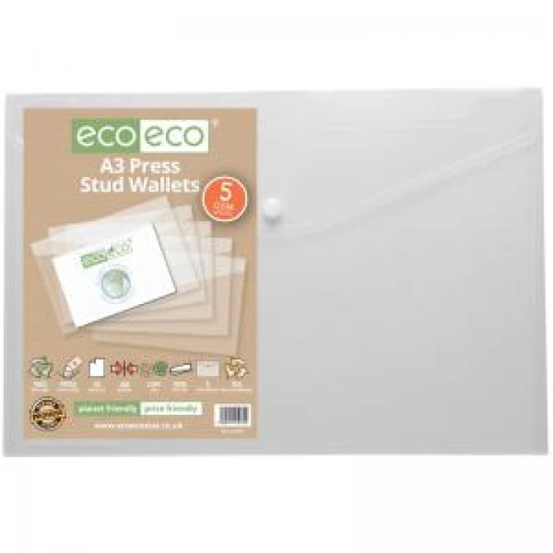 Image of Eco Eco 95% Recycled Press Stud Wallets A3 Clear (5 Pack) eco034-S