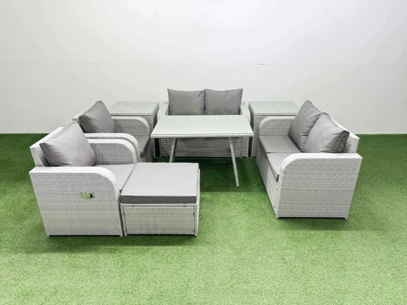 Image of Fimous 7 Seater Rattan Garden Furniture Sets Outdoor Love Sofa Set in Light Grey Light Grey Unisex