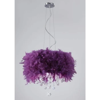 image of Ibis pendant light with purple feather shade 3 polished chrome / crystal bulbs