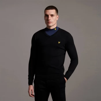 Mens V Neck Cotton Merino Jumper - Jet Black - XXL