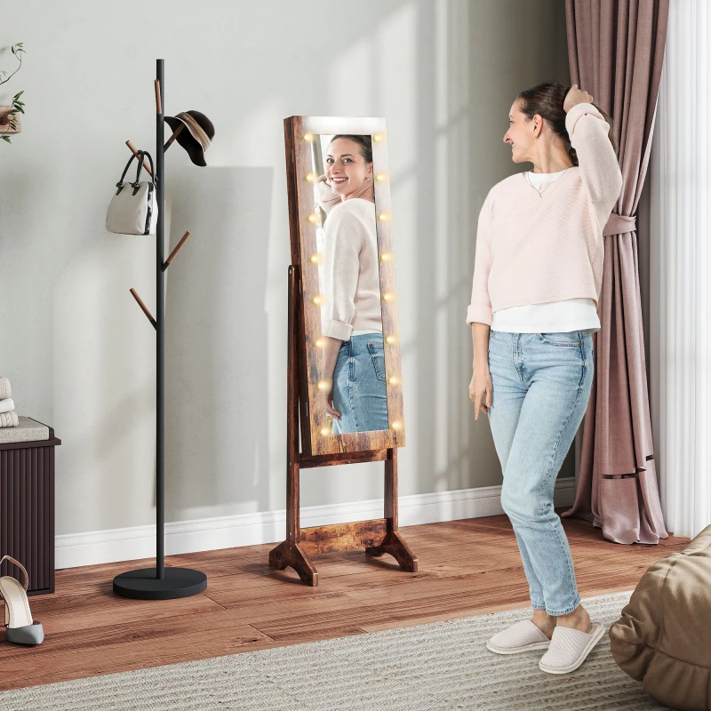 Image of HOMCOM HOMCOM Free Standing LED Mirrored Jewelry Cabinet Armoire Floor Organiser in Brown Brown One Size Unisex 5063603047884