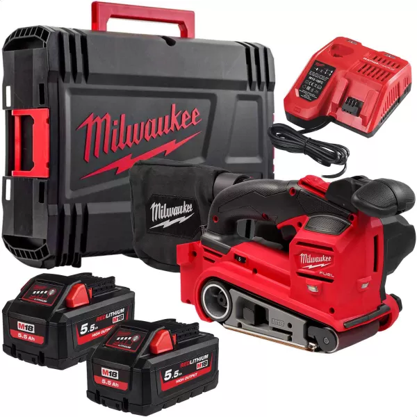 image of Milwaukee M18 FBTS75 Fuel 18v Cordless Brushless 75mm Belt Sander 2 x 5.5ah Li-ion Charger Case