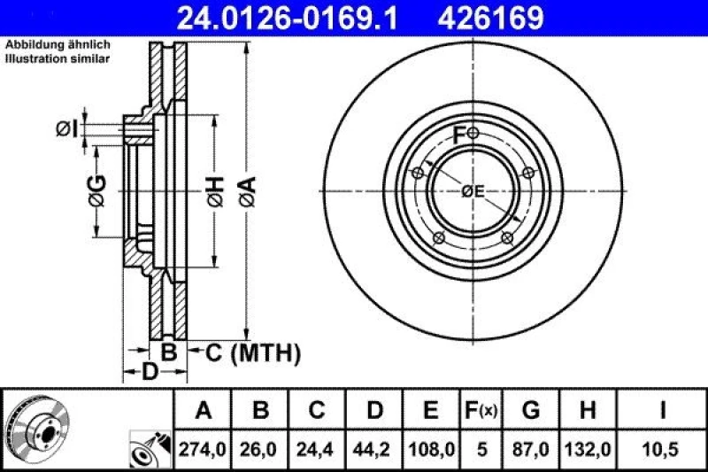 Image of ATE 24.0126-0169.1 Brake disc Vented, Coated Brake Disc (82)
