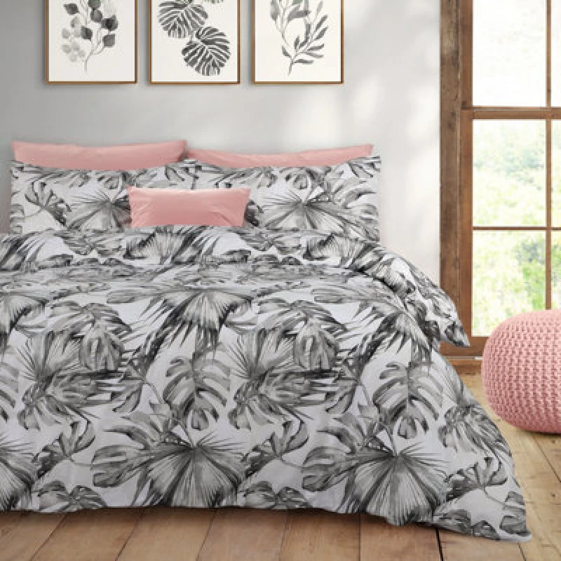 Image of Velosso Vibrant Tropical Duvet Cover Set With Pillowcases, Nature-Inspired Botanical Design, Easy-Care Bedroom Decor - Grey