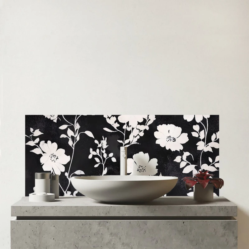 Image of Warren Reed - Designer Black & White Floral Silhouette Glass Bathroom Splashback Black Unisex