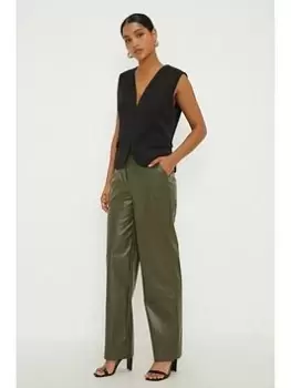 Image of Dorothy Perkins Faux Leather Straight Leg Trouser - Olive, Green, Size 14, Women