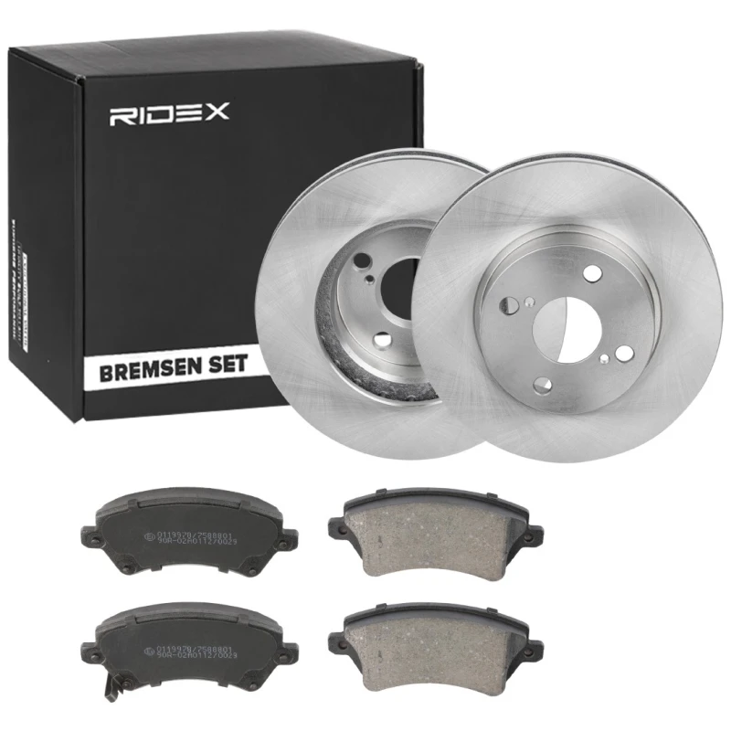 Image of RIDEX 3405B1285 Brake disc and pads set Front Axle, Brake Disc Type: internally vented Brake Set,disc brakes (3405)