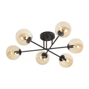 Image of Brendi Black Globe Multi Arm Semi Flush Ceiling light with Amber Glass Shades, 6x E14
