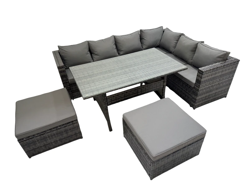 Image of Fimous 8 Seater Patio Dining Corner Sofa Sets with Big Stools Dark Grey Mixed Dark Grey Unisex
