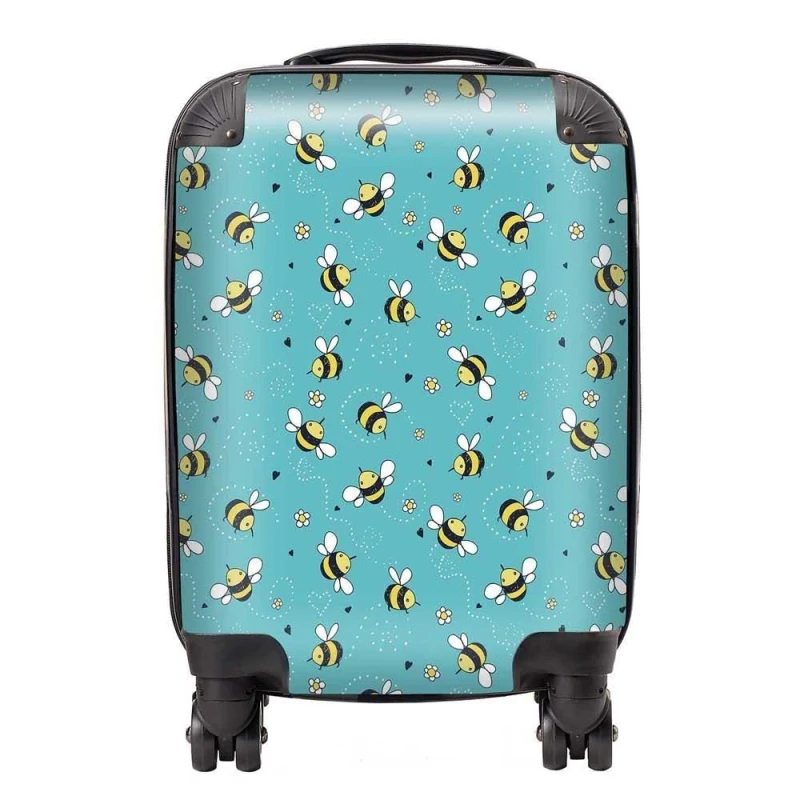 Image of Warren Reed - Designer Hand Drawn Busy Bees Suitcase in Blue Size: Large Blue Unisex Large