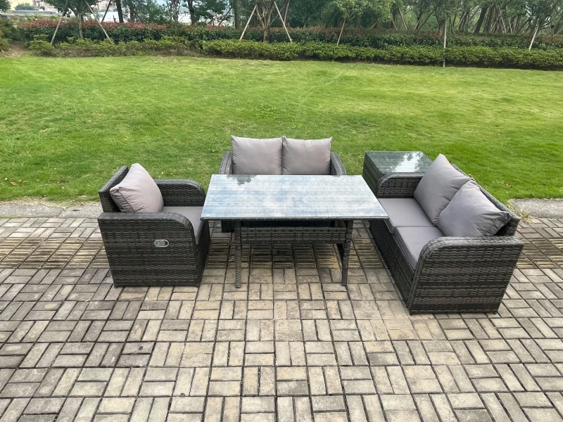 Image of Fimous Lounge Rattan Sofa Set Outdoor Garden Furniture Oblong Rectangular Dining Table With Chairs Side Table Dark Grey Mixed Dark Grey Unisex