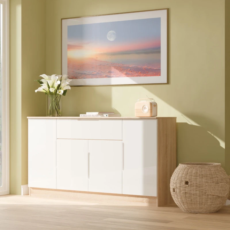 Image of Welcome Furniture Ltd Milan 4 Door 1 Drawer Wide Sideboard in White Gloss & Bardolino Oak - Ready Assembled, White MIL208WGBO