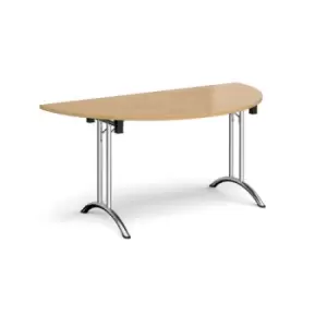 image of Semi circular folding leg table with chrome legs and curved foot rails 1600mm x 800mm - oak