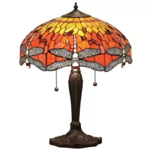 image of Interiors Dragonfly Flame - 2 Light Medium Table Lamp Dark Bronze, Yellow, Tiffany Style Glass, E27