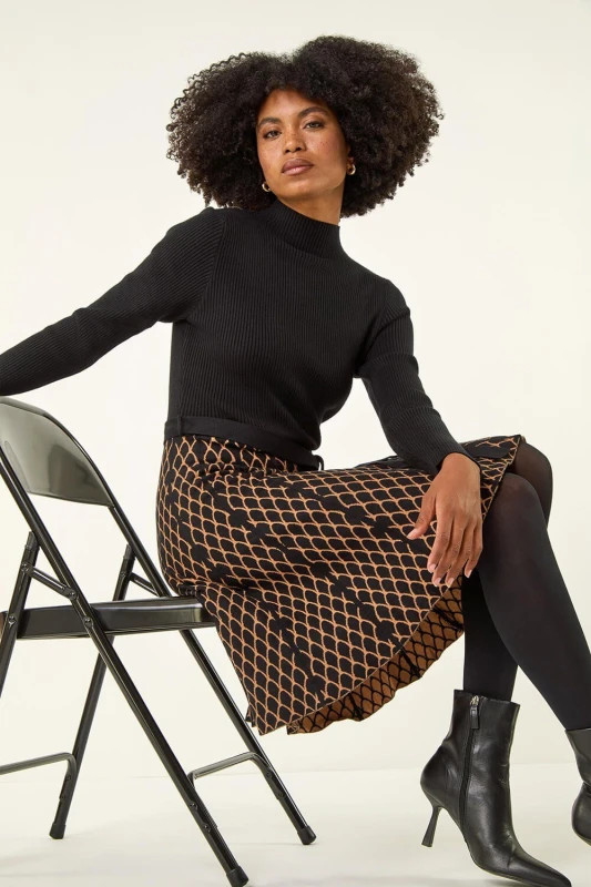 Image of Roman Contrast Skirt Knit Jacquard Dress Camel