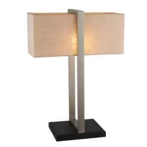 Image of Satin Nickel Framed Table Lamp Light & Rectangular Linen Shade - Matt Black Base