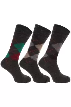 Image of Traditional Argyle Pattern Non Elastic Lambs Wool Blend Socks (Pack Of 3)