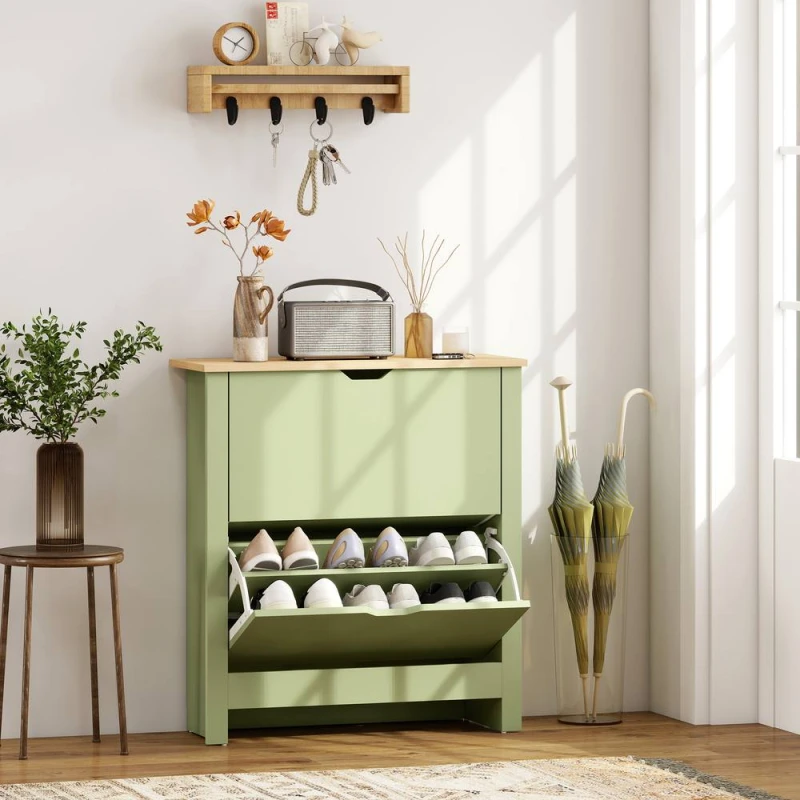 Image of HOMCOM Shoe Storage Cabinet with Flip Drawers Shelves Tabletop in Green Green Unisex