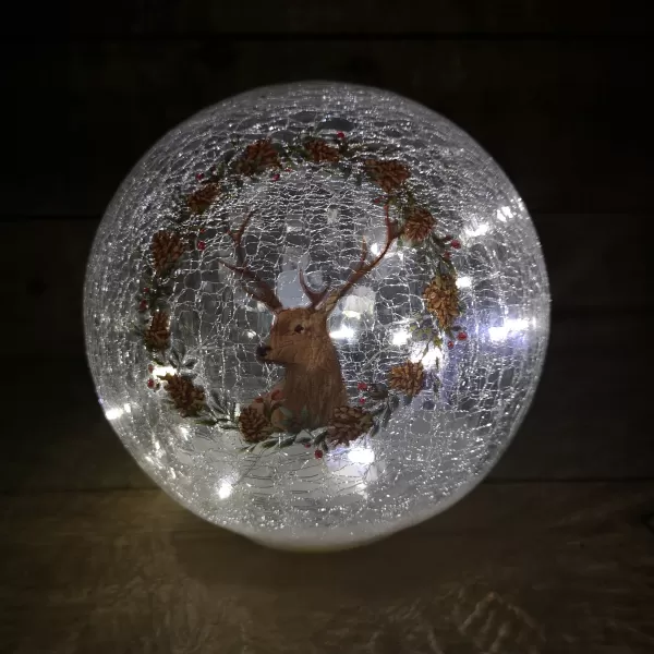 image of 20cm Festive Christmas Crackle Effect Glass Reindeer LED Light Ball