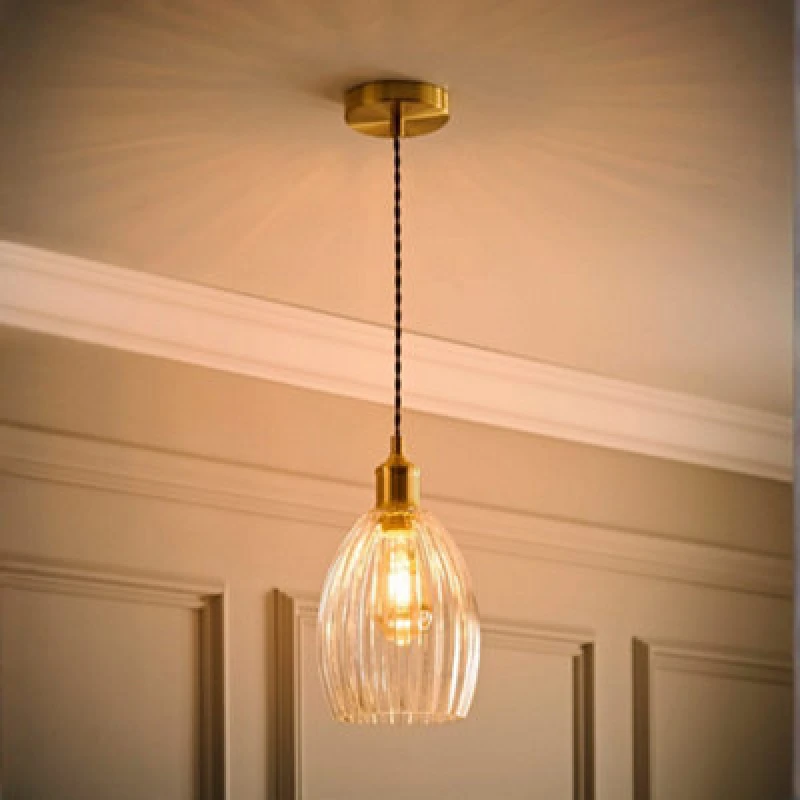 Image of Valuelights Cheltenham Brushed Gold Ceiling Pendant Light With Ribbed Shade And Bulb
