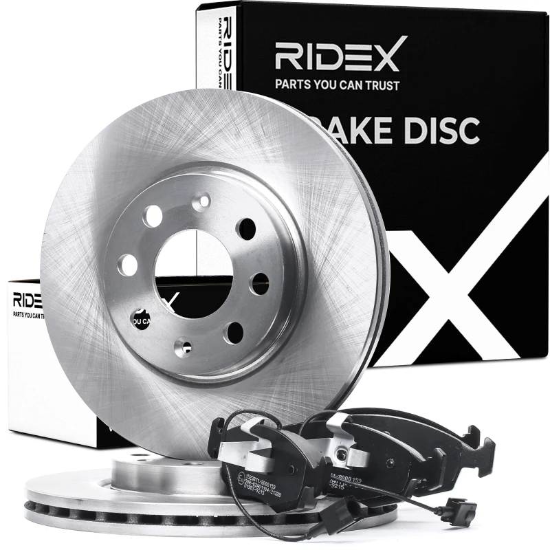 Image of RIDEX 3405B1064 Brake disc and pads set Front Axle, Brake Disc Type: Vented, incl. wear warning contact Brake Set,disc brakes (3405)