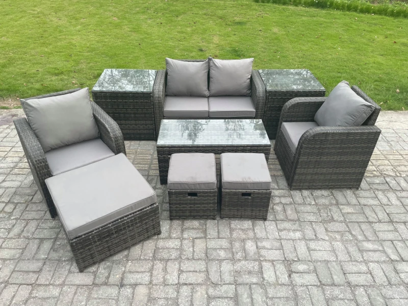 Image of Fimous Rattan Lounge Sofa Set Outdoor Garden Furniture Set with Rectangular Coffee Table Love Sofa 2 Side Tables 3 Footstools Dark Grey