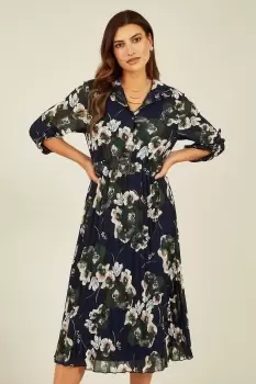 Navy Floral Print Gold Buckle Midi Dress