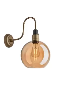 image of Swan Neck Tinted Glass Globe Wall Light, 9 Inch, Amber, Brass Holder