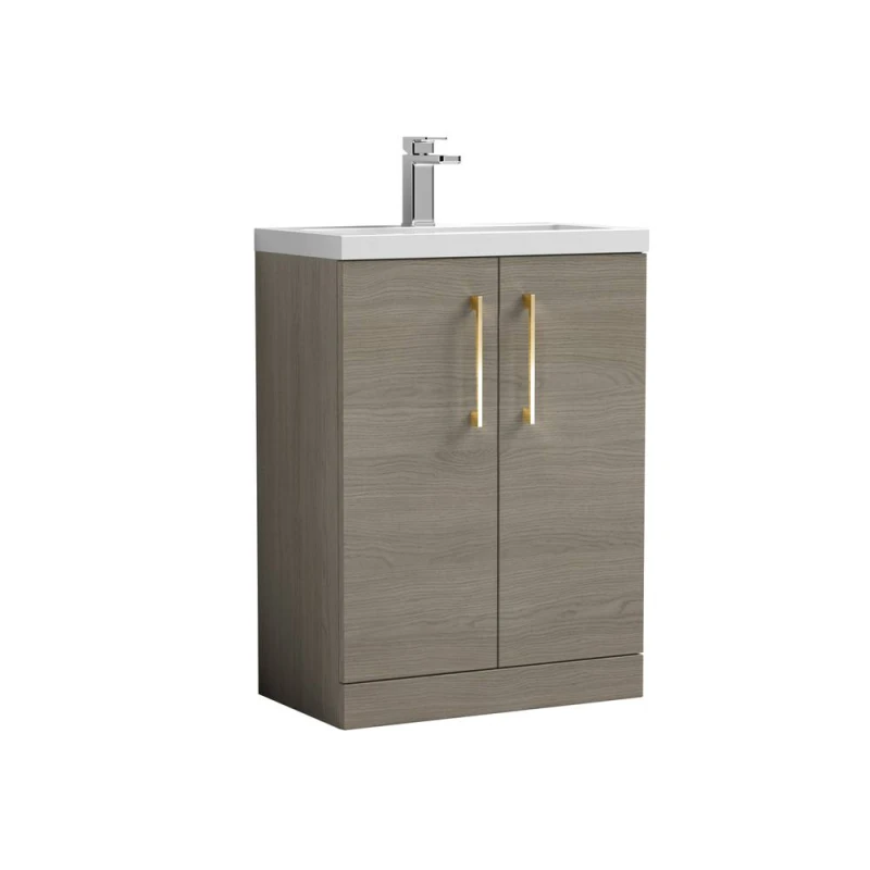 Image of Balterley Level Compact Bathroom Cloakroom Vanity Basin Unit With Ceramic Basin, Brushed Brass Handles, 600mm, Mid Oak