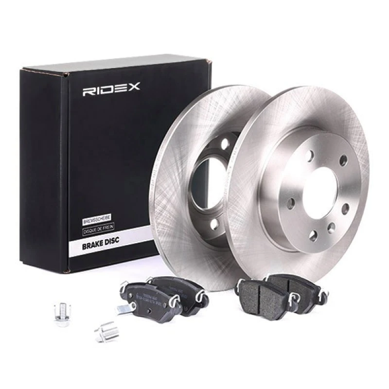 Image of RIDEX 3405B0022 Brake disc and pads set Rear Axle, Brake Disc Type: Solid Brake Set,disc brakes (3405)