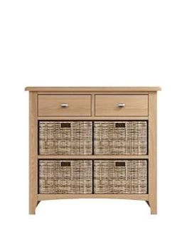 image of K-Interiors Bates Ready Assembled Solid Wood 2 Drawer, 4 Basket Sideboard - Oak