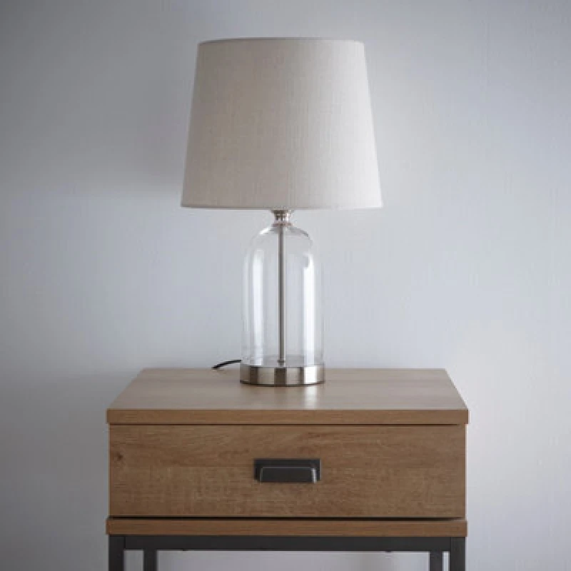 Image of K Living Stunning Glass Chelsea Table Lamps In Brushed Silver With Natural Linen Lamp Shade