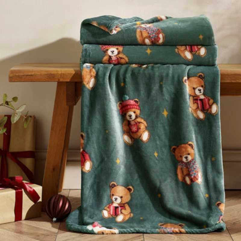 Image of Catherine Lansfield Christmas Tartan Teddy Bear Fleece Cosy 130X170Cm Blanket Throw Green