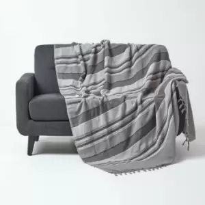 Image of Cotton Morocco Striped Grey Throw, 225 x 255cm - Grey - Homescapes
