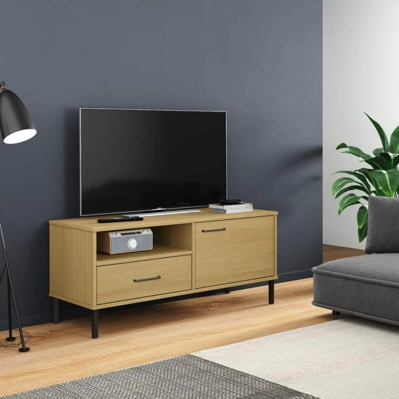Image of Vidaxl TV Cabinet With Metal Legs Brown Solid Wood Pine Oslo, Brown 351021