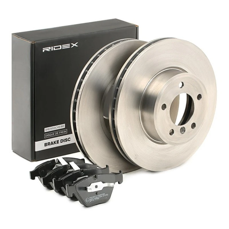Image of RIDEX 3405B0836 Brake disc and pads set Front Axle, Brake Disc Type: internally vented, excl. wear warning contact, with anti-squeak plate Brake Set,