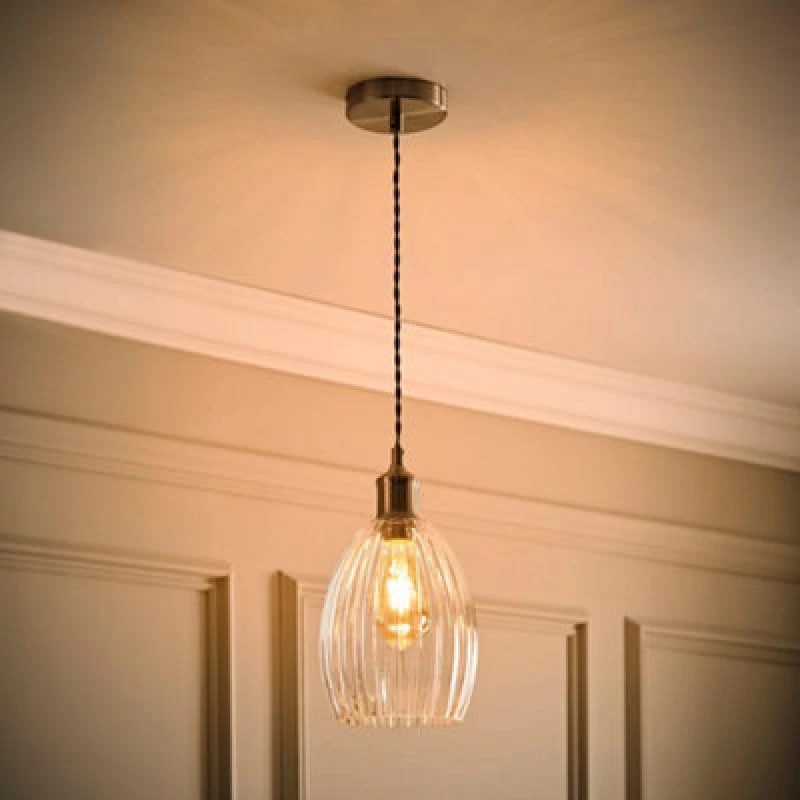 Image of Valuelights Cheltenham Brushed Chrome Ceiling Pendant Light With Ribbed Shade And Bulb