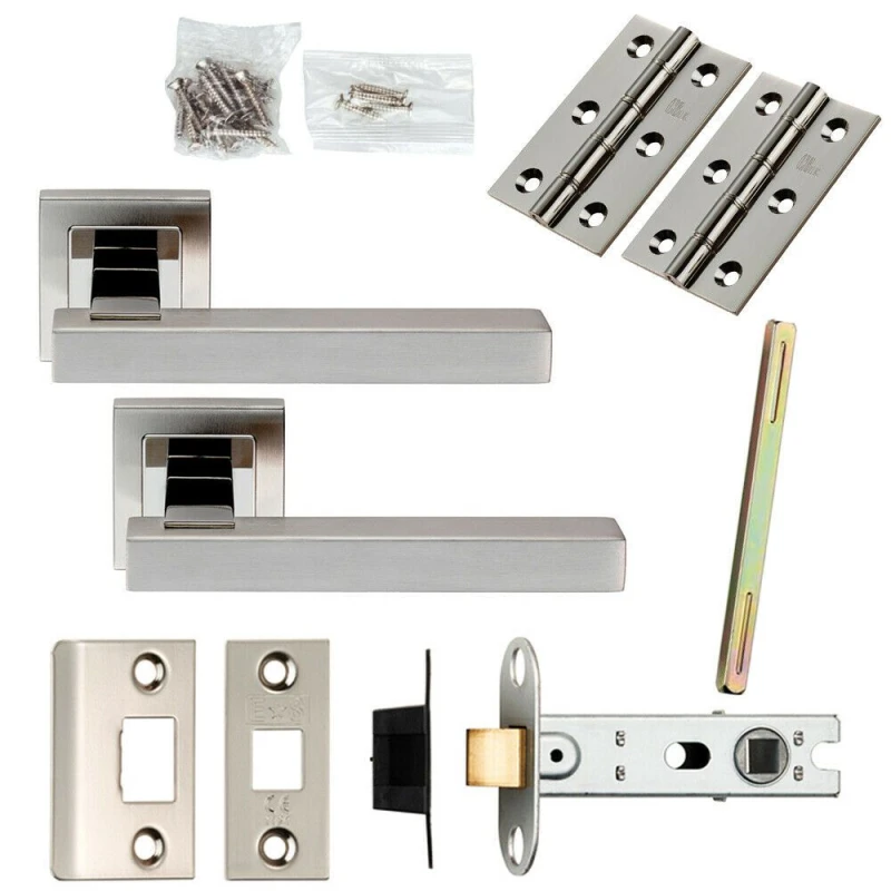 Image of Loops Door Handle & Latch Pack Polished & Satin Steel Square Lever Screwless Rose Metallics