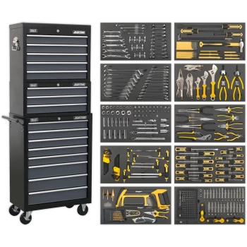 image of Sealey American Pro 16 Drawer Roller Cabinet, Mid and Top Tool Chests + 420 Piece Tool Kit Black