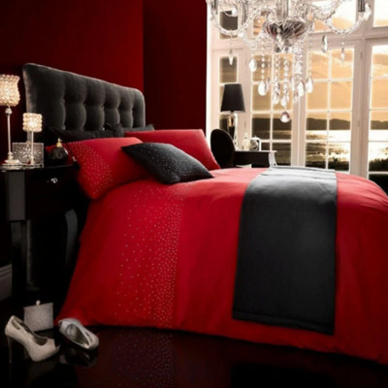 Image of Smart Living Smart Living Diamante 5PC Complete Bedding Set Duvet Cover, Pillow Pair, Cushion Cover, Bed Runner in Red Size: Super King Red Super Ki