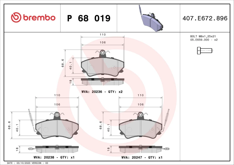 Image of BREMBO Brake pad set BREMBO P 68 019