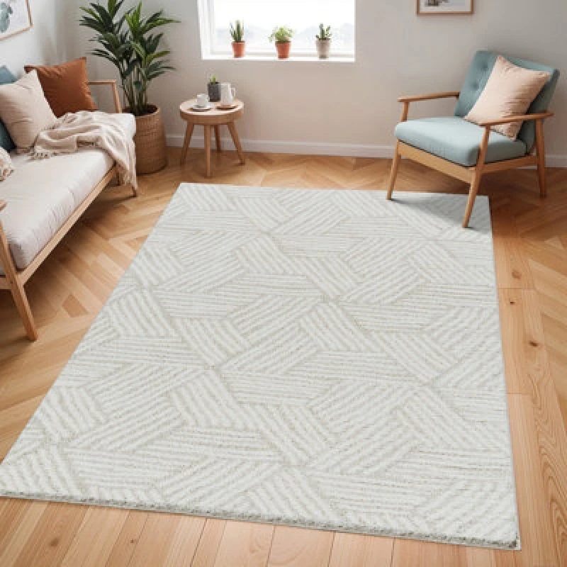 Image of Livabliss Cloudy Shaggy-Geometric Beige Grey Soft Plush Pile Living Bedroom Rug 120 X 170 Cm Easy Care, Non Shedding